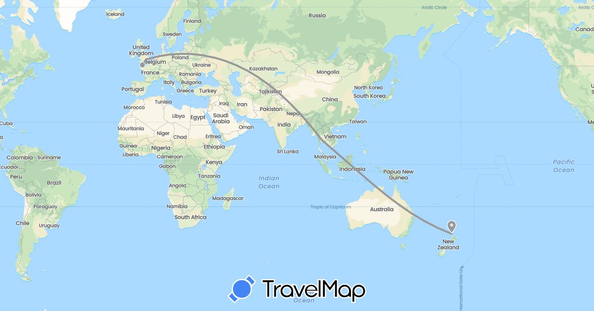 TravelMap itinerary: driving, plane in United Kingdom, Guernsey, New Zealand, Thailand (Asia, Europe, Oceania)